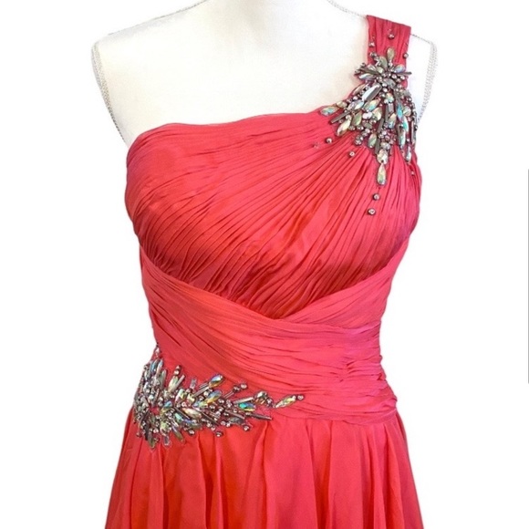 Hannah S Salmon Pink Coral Chiffon Embossed One-shoulder Prom Party Dress 10 Y2K - Picture 3 of 16